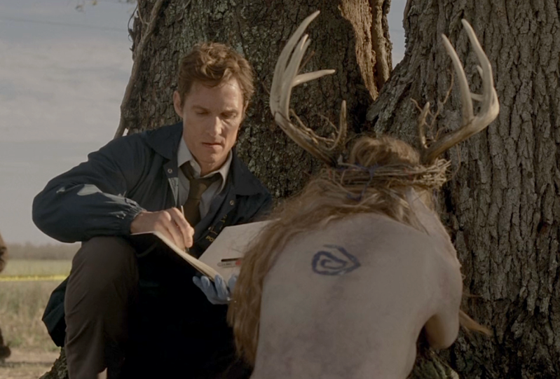 Rust Cohle (Matthew Mcconaughey) finds the spiral in the back of the victim from the first season of True Detective.